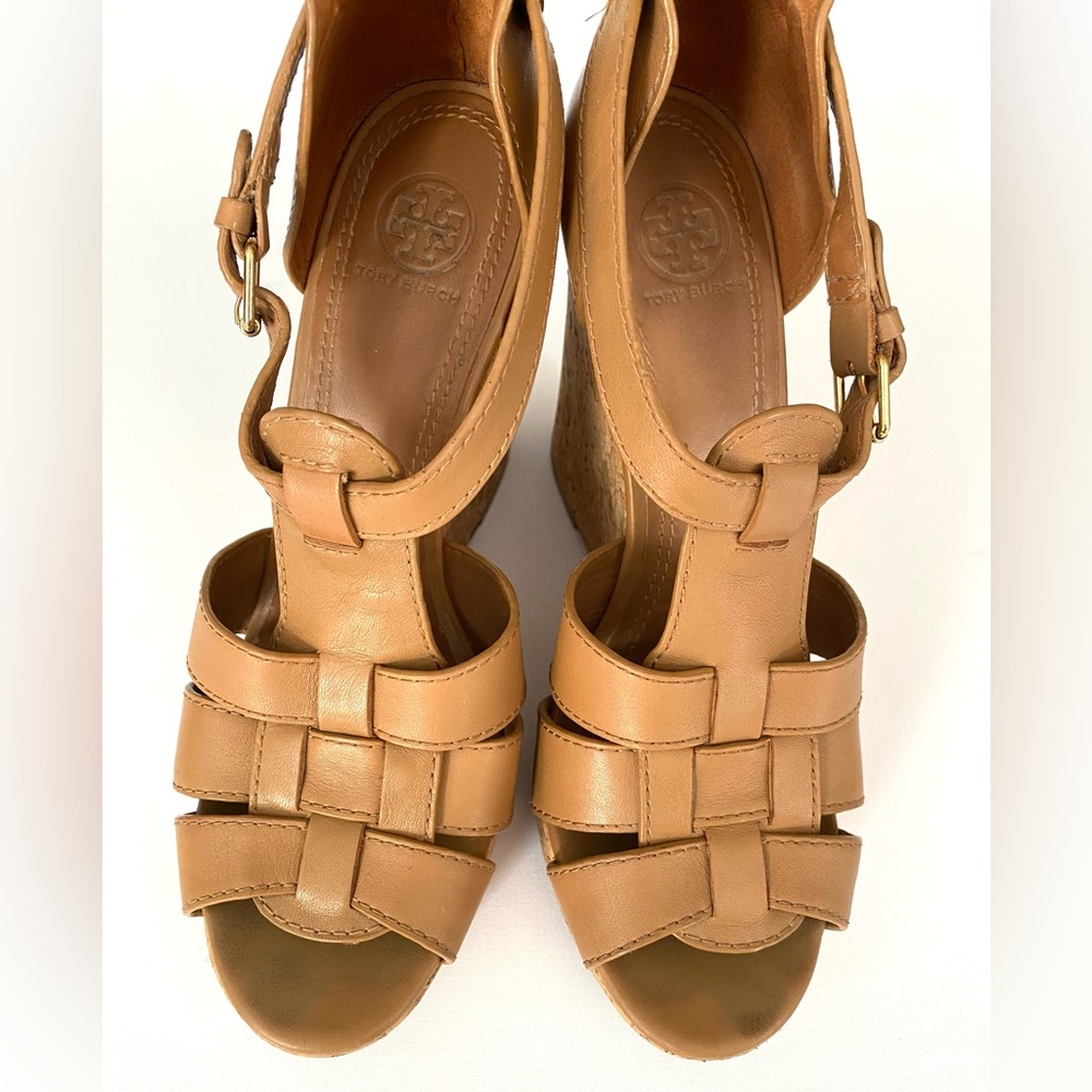Tory Burch Shoes Wendelle Leather Cork Wedges Sandals Brown size 8.5 - Picture 4 of 16